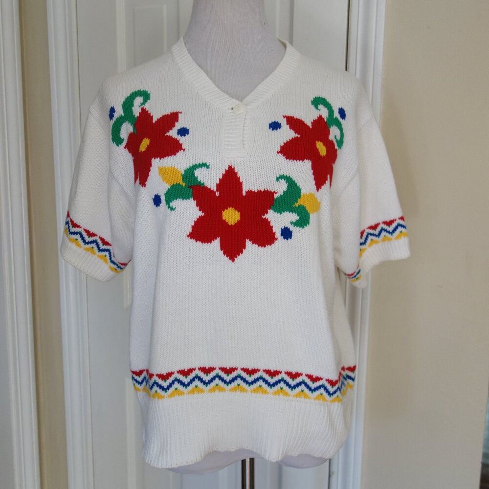 Vtg WOOD & GRAY short sleeve white & floral sweater – Large (?)